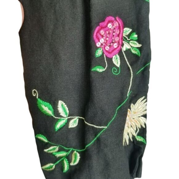 Womens Embroidered Floral Pants Black Linen Rayon Blend 10 Boho Indie Festival - Picture 11 of 12